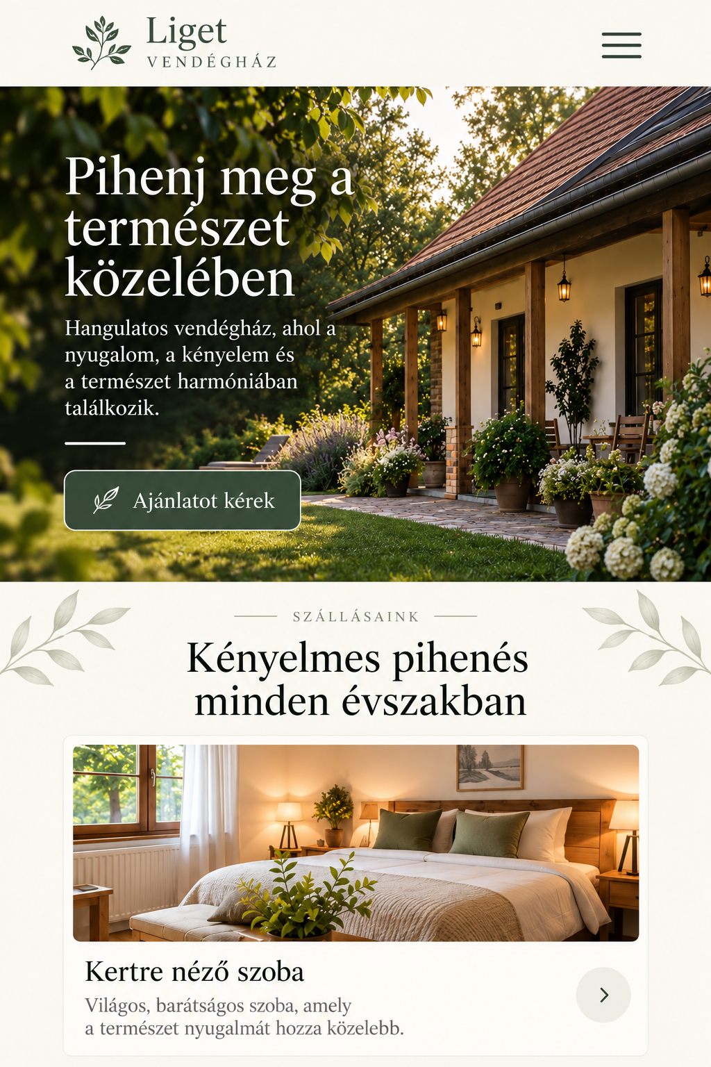 Fiktív magyar szálláshely-weboldal mobil mintaterve – Liget Vendégház